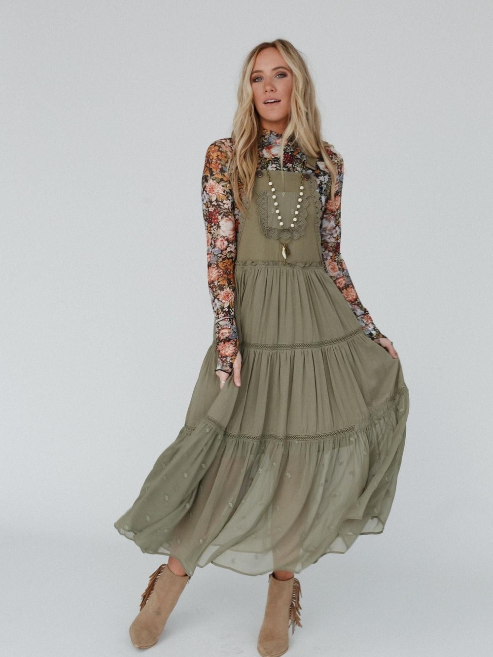 Olive Green Tiered Maxi Dress with Pinafore Detail